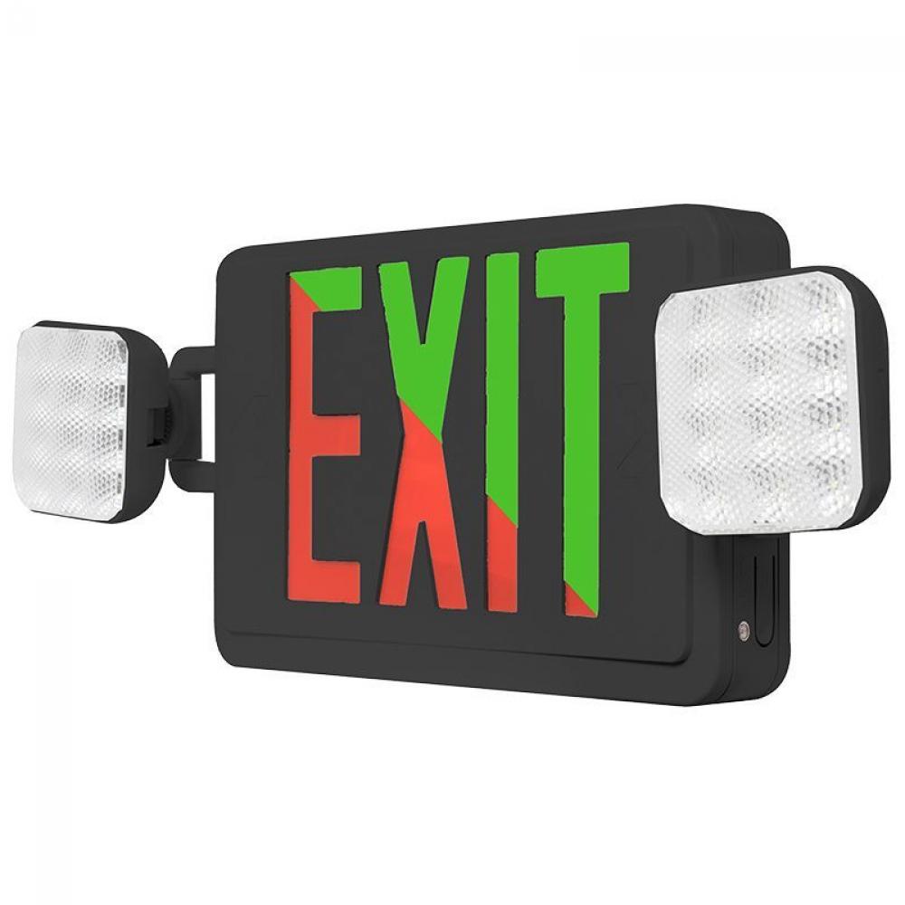 COMBO EMERGENCY LIGHT EXIT SIGN BI-COLOR RED/GRN, DEFAULT TO RED, 120/277V, BLACK
