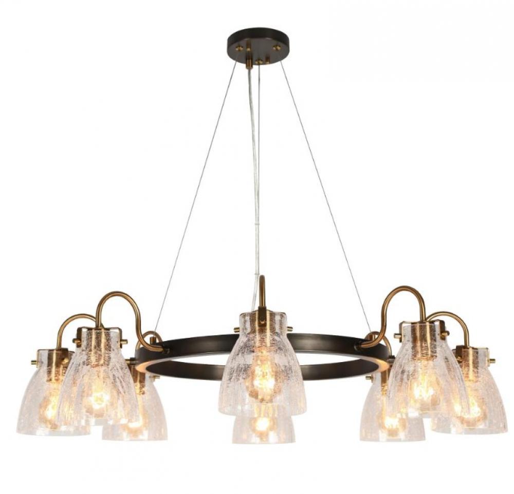 AIDTYRTM 8-LIGHT BRUSHED BLACK AND BRASS CHANDELIER W/ CRACKLE GLASS