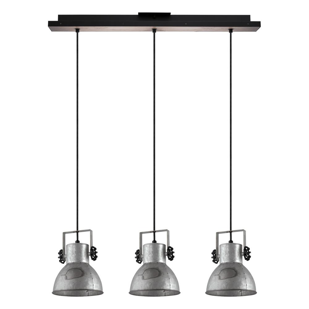 3 LT Linear Pendant w/ Black & Bleached Wood Finish w/ Distressed Zinc & Black Metal Shades