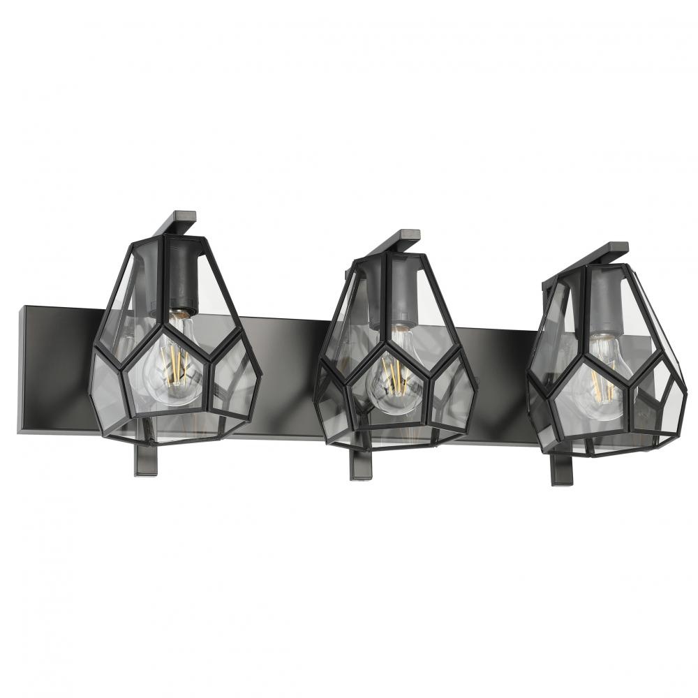 3 LT Bath/Vanity Light w/ Black Finish & Clear Geomtric Glass Shades w/ Black Accents