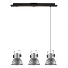 Eglo 203399A - 3 LT Linear Pendant w/ Black & Bleached Wood Finish w/ Distressed Zinc & Black Metal Shades