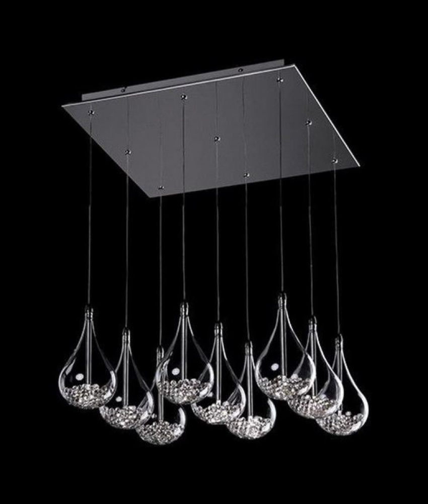 Nine lamp pendant, clear crystal drop glass with clear and smoked glass crystals inside
