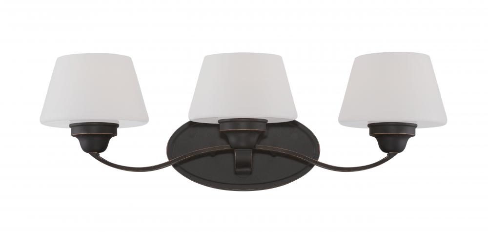 3-Light Wall Mounted Vanity Light in Russet Bronze Finish with Satin White Glass